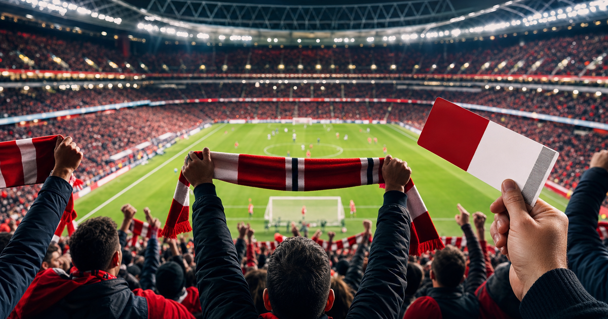 Football match-day atmosphere at a packed stadium under floodlights