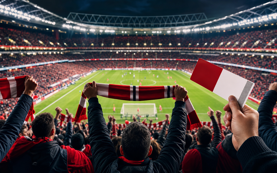 Football match-day atmosphere at a packed stadium under floodlights